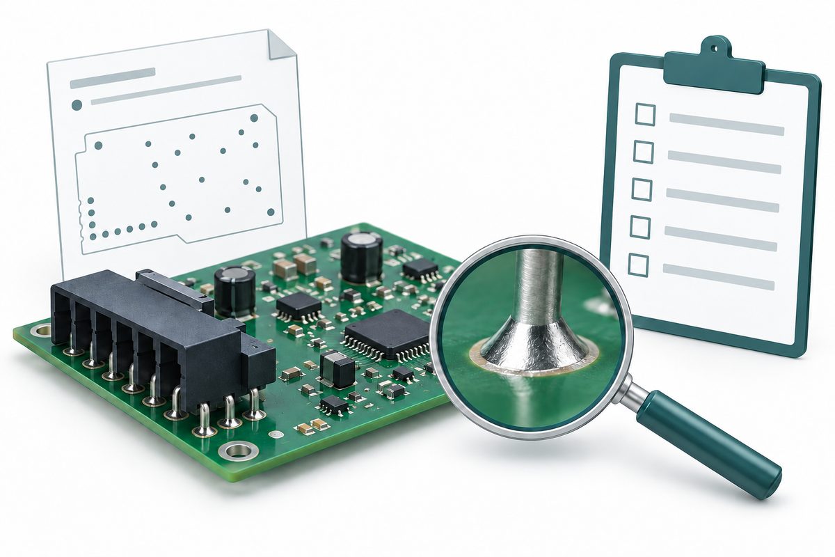 Conceptual selective soldering validation package with a PCB, joint-location document, blank checklist, and magnifier