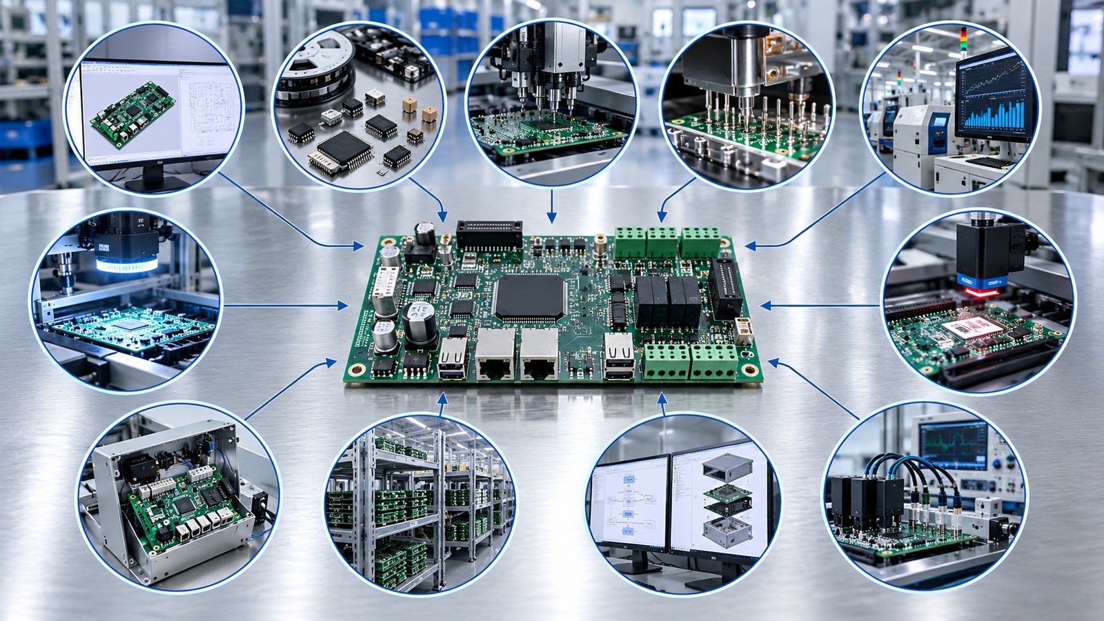 Ten-part visual framework for evaluating an EMS supplier around a servo palletizer controller PCBA in an empty electronics factory