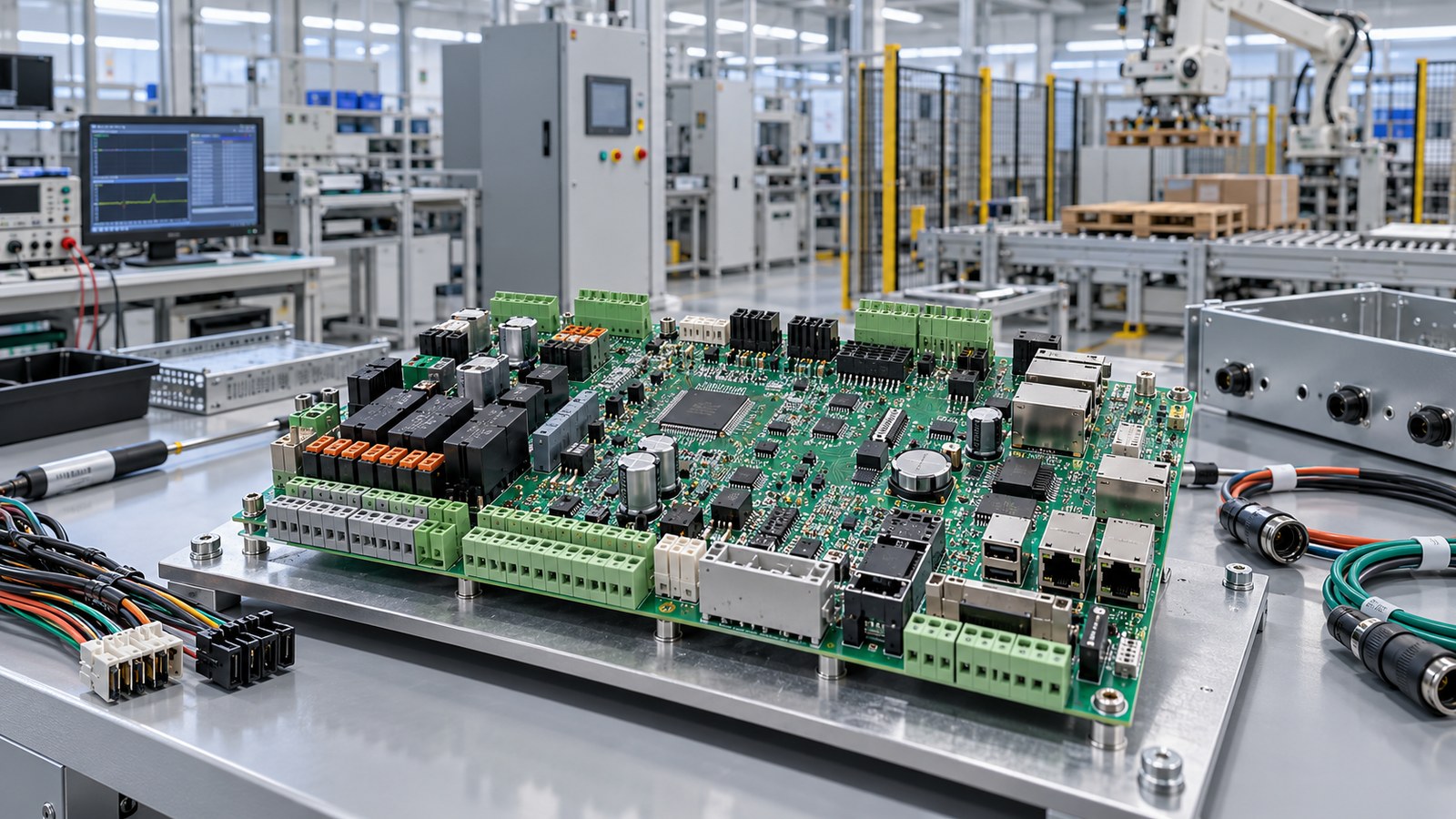 Servo palletizer controller PCBA under manufacturing evaluation in an empty modern electronics factory