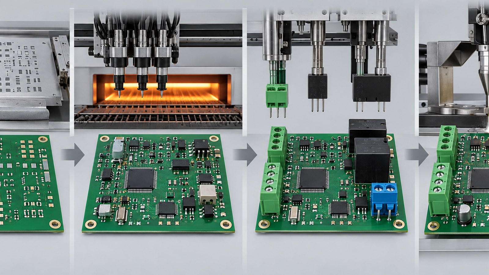 Four-stage shrink-wrap machine PCBA flow showing SMT preparation, reflow, through-hole insertion, and selective soldering in an empty automated production line