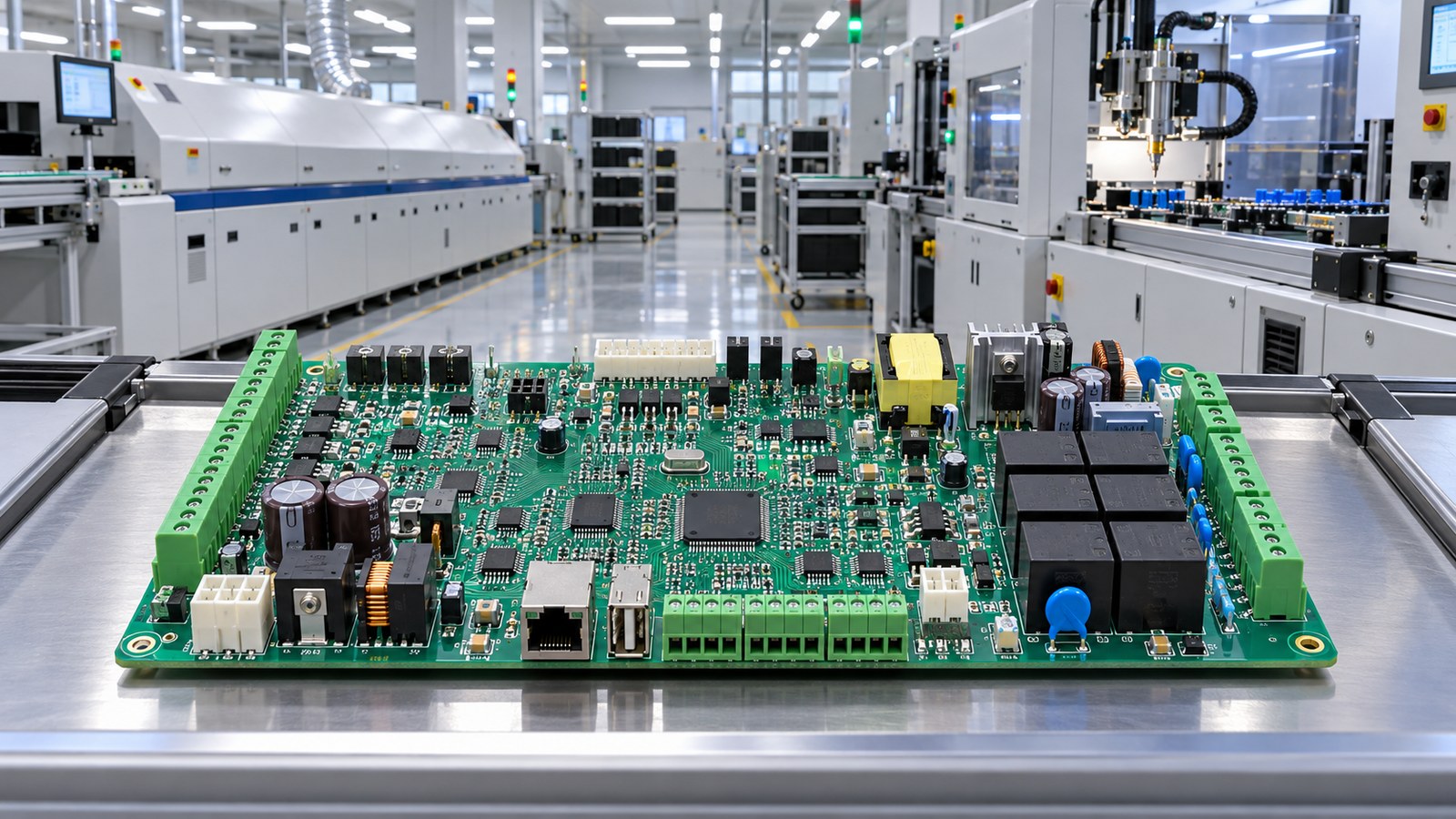 Mixed-technology shrink-wrap machine controller PCBA on an empty automated electronics production line