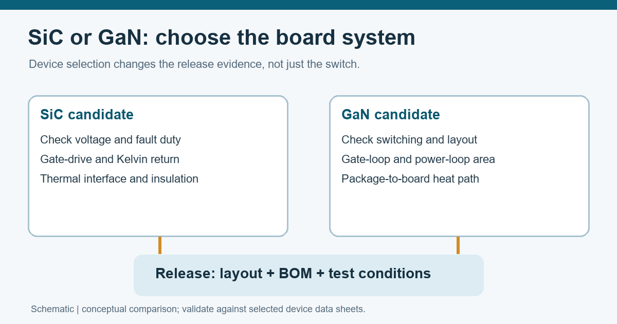 Schematic comparing SiC and GaN board checks leading to a controlled layout, BOM, and test release