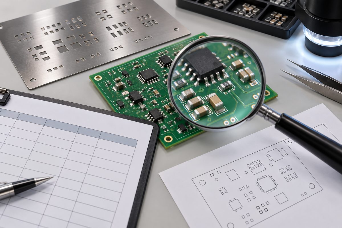 Conceptual PCB, separate stencil, magnifier, blank inspection table, and board-outline sheet for evidence review