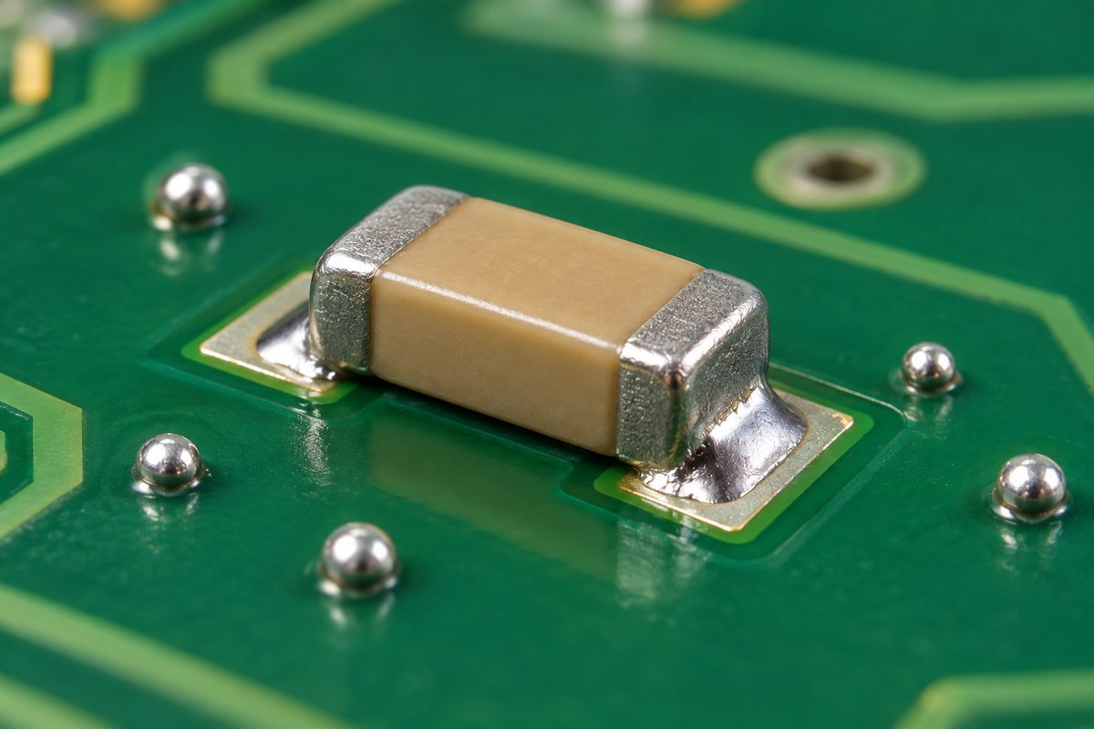 Conceptual flat chip capacitor with intended end joints and separate small silver spheres on surrounding green solder mask