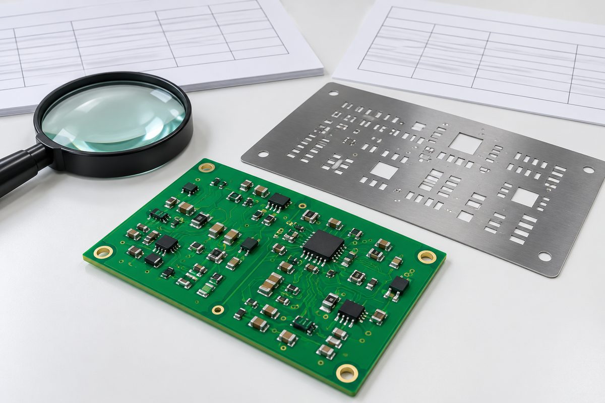 Conceptual assembled PCB, separate stencil, magnifier, and blank inspection records on a light workbench
