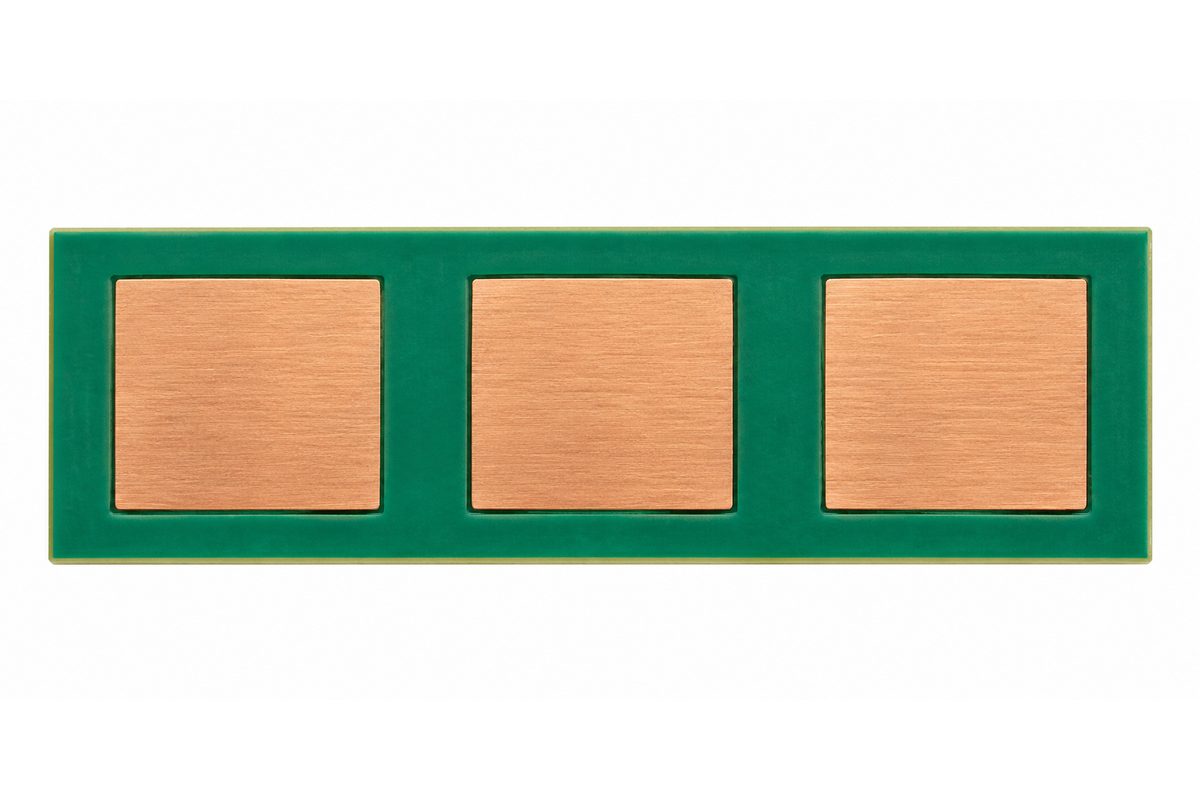Conceptual row of separate copper pads with green solder mask bridges between their openings