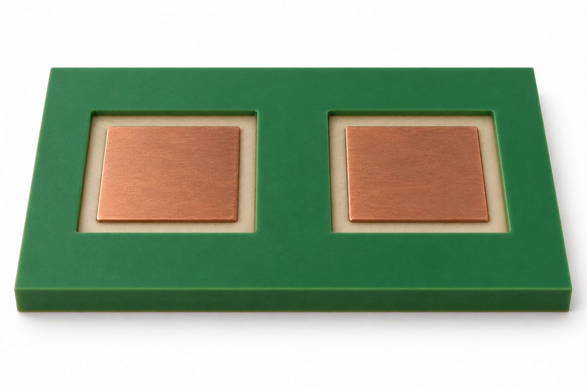Conceptual copper pads within larger solder mask openings with a green strip between them