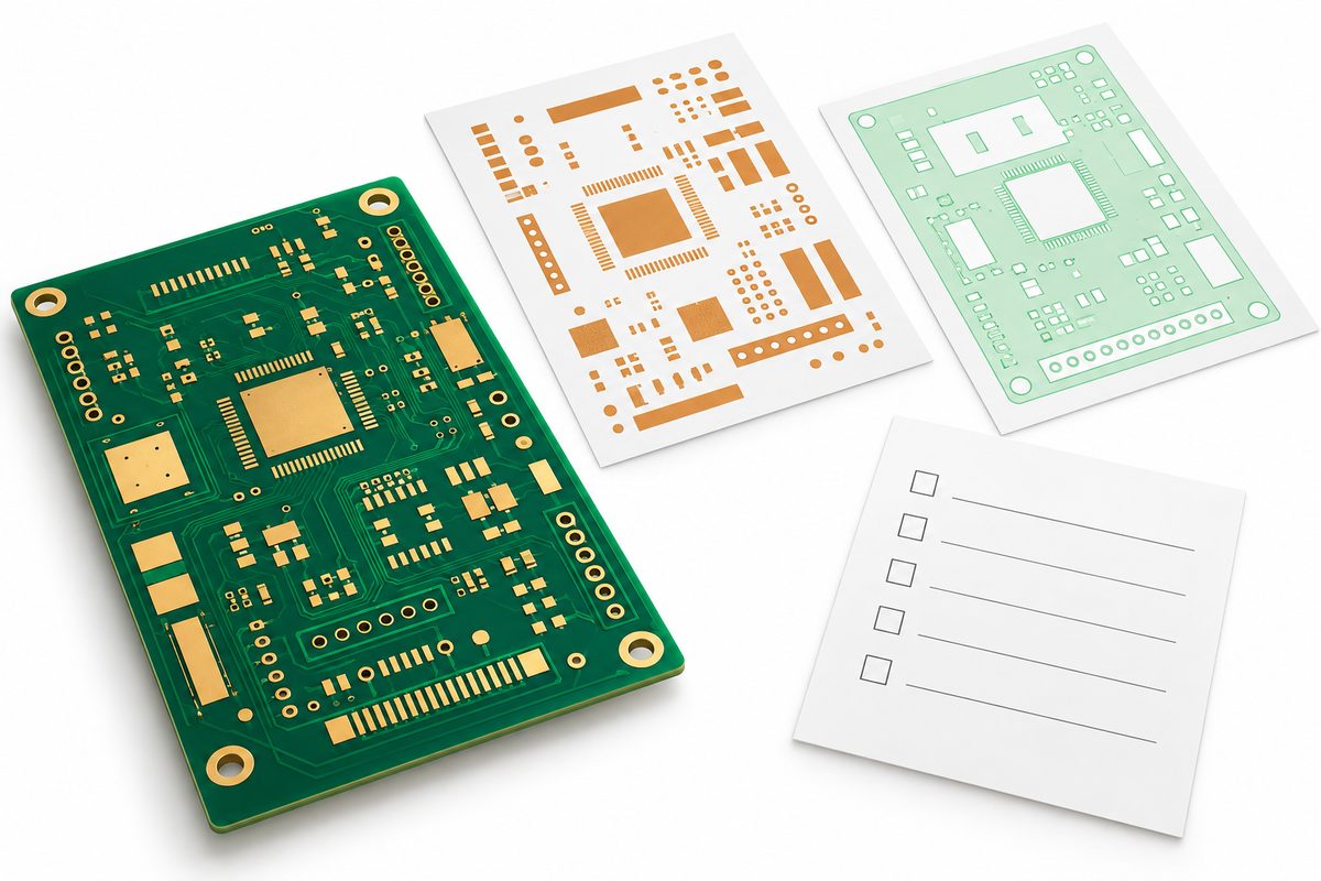 Conceptual bare PCB beside copper and solder mask layer documents and a blank checklist