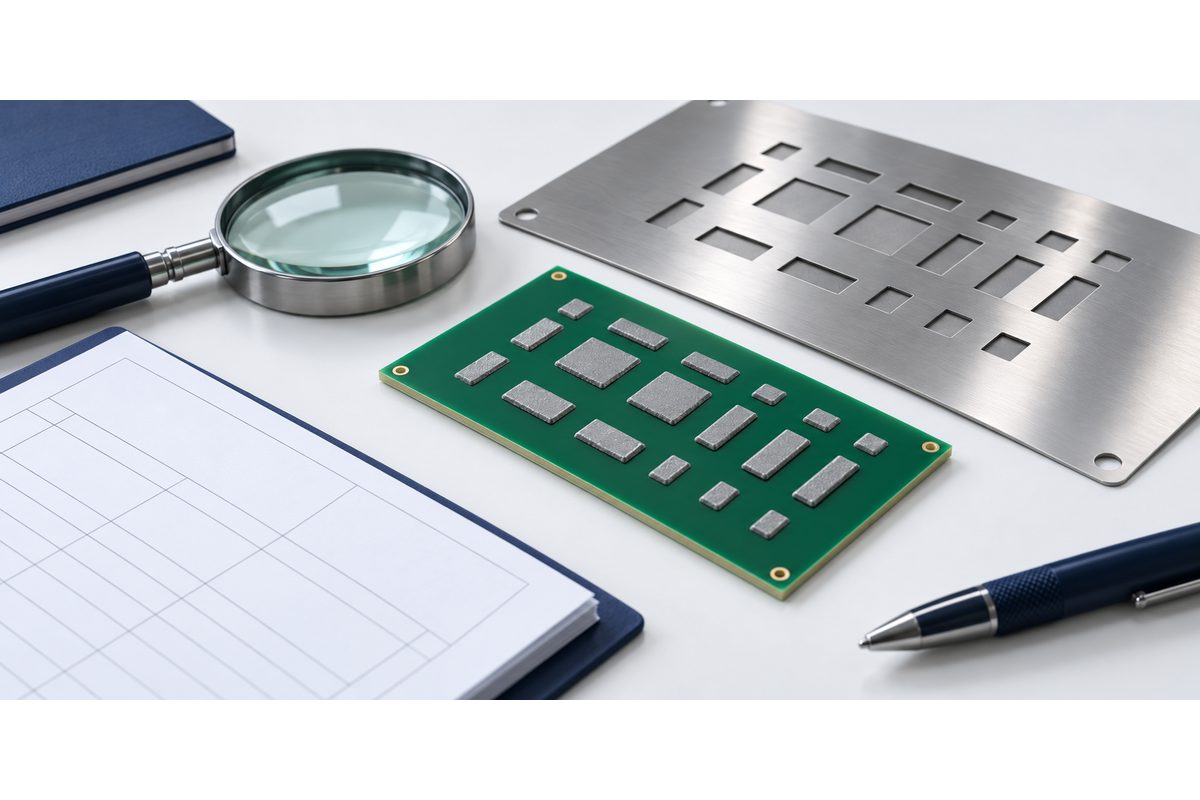 Conceptual solder-paste process review with a printed PCB, separate stencil, magnifier, and blank documents