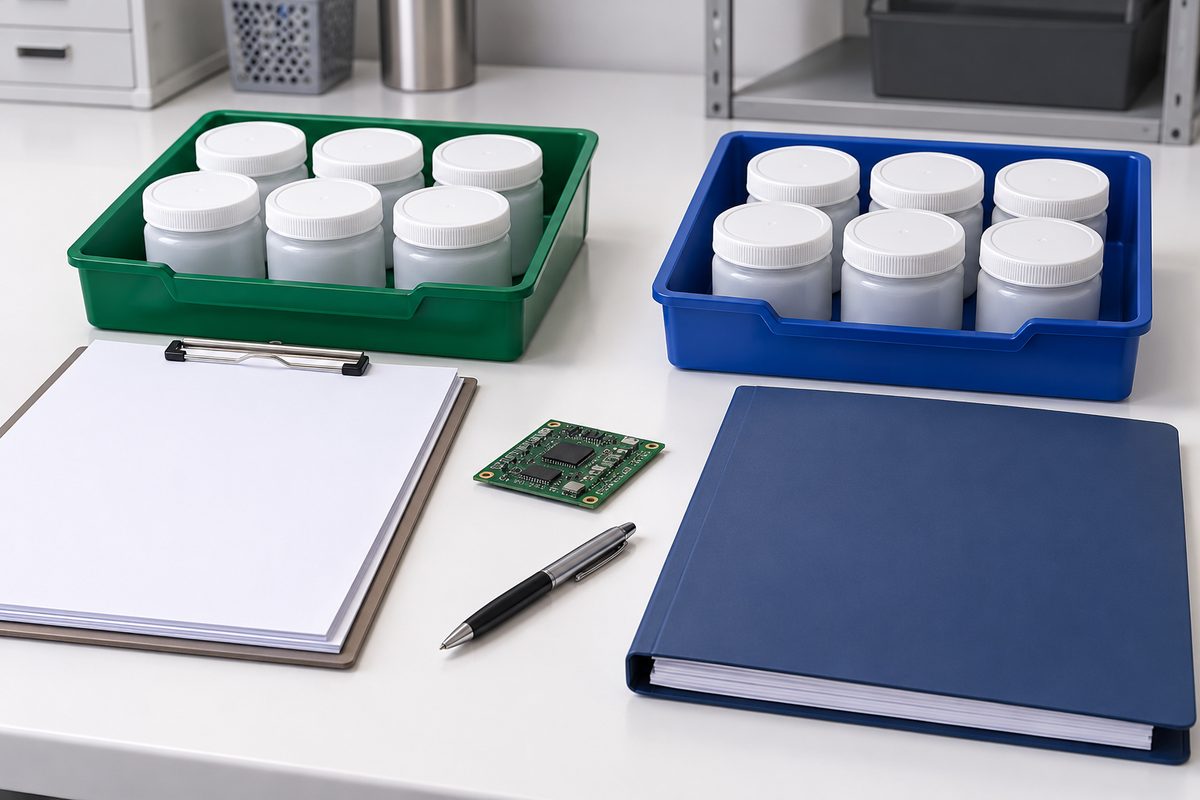 Conceptual material-status review with closed paste jars separated into trays beside blank job and review documents
