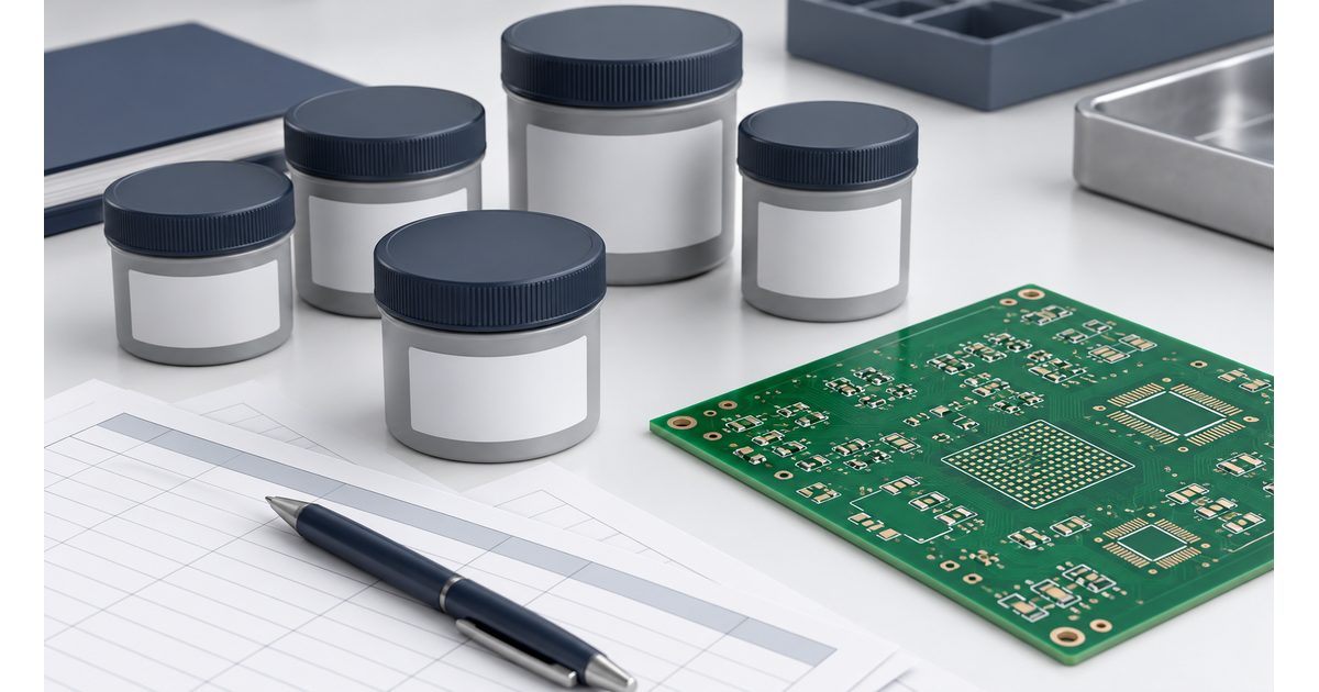 Conceptual closed solder-paste jars beside a bare PCB and blank material-tracking sheets