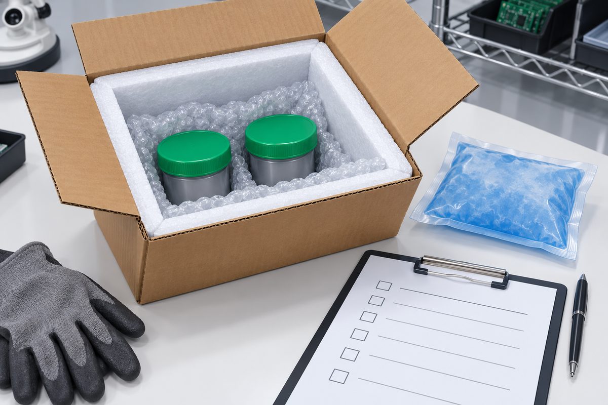 Conceptual receiving review with sealed solder-paste jars, an insulated shipping box, and blank documentation