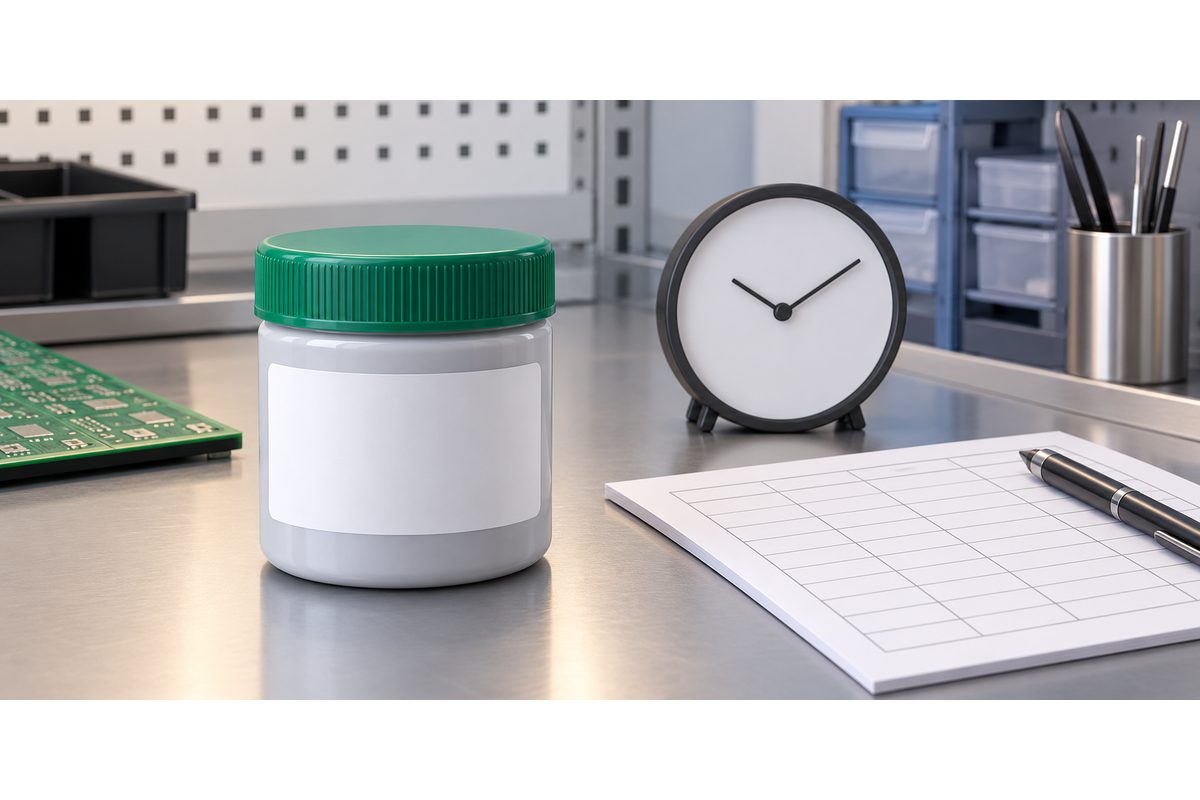 Conceptual closed solder-paste jar on a preparation bench beside an unnumbered clock and blank log sheet