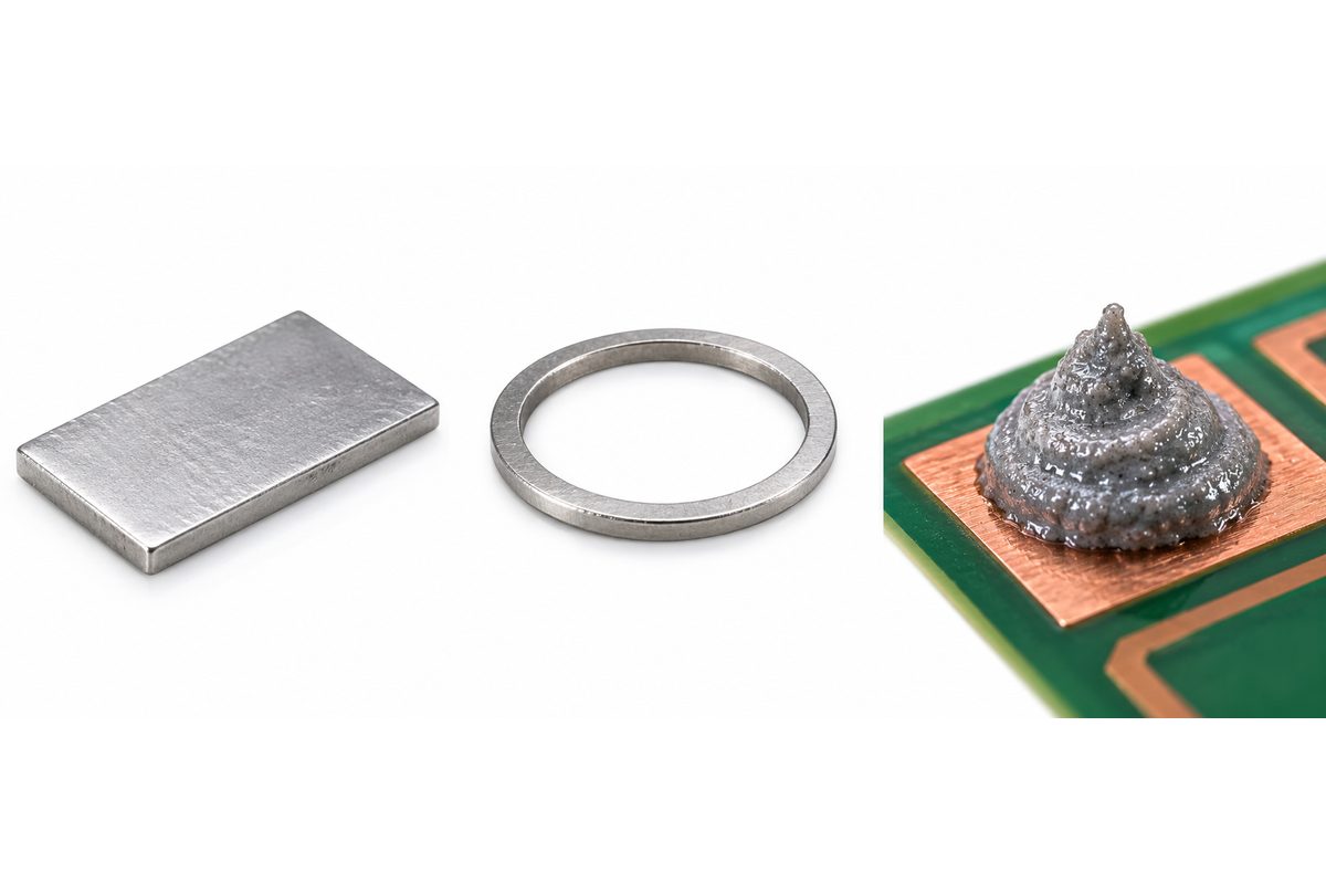 Conceptual comparison of a rectangular solder preform, a ring preform, and solder paste on a copper land