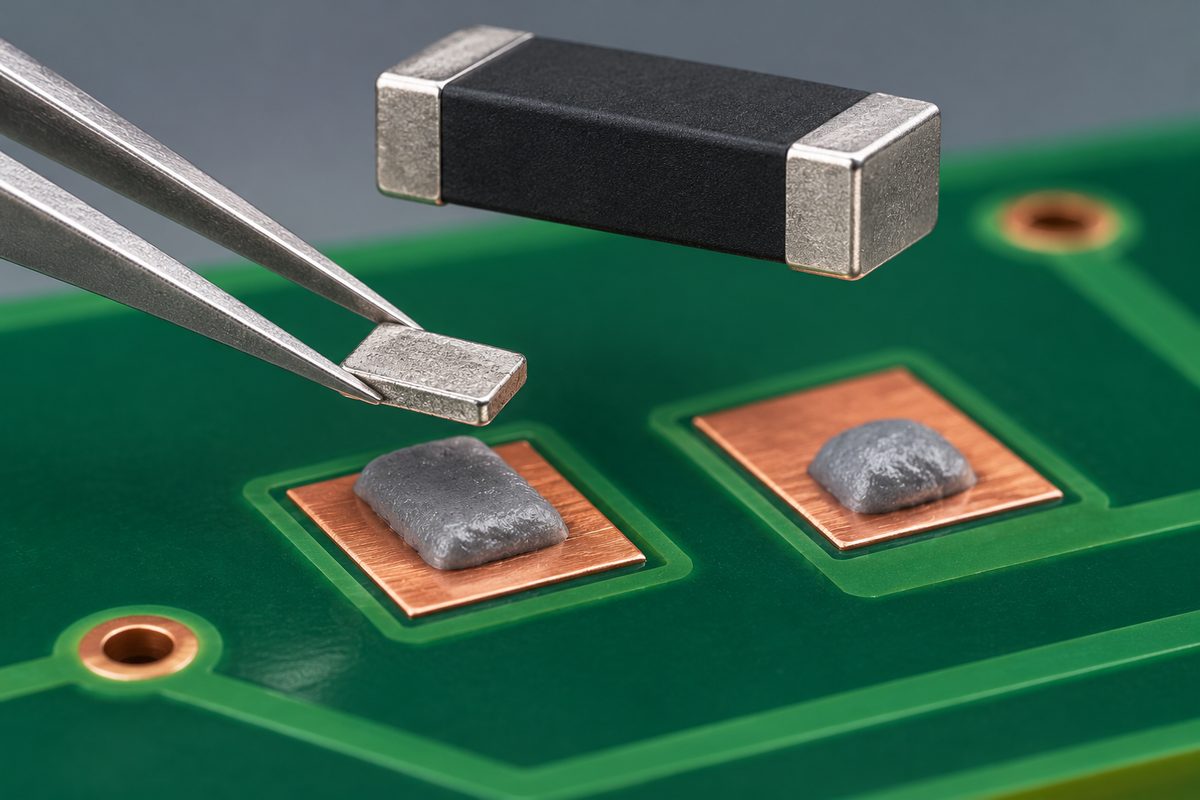 Conceptual tweezers holding a rectangular preform above solder paste on a PCB copper land