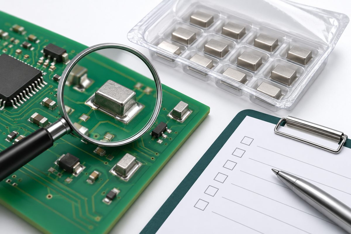 Conceptual PCB joint review with a magnifier, blank checklist, and tray of rectangular solder preforms