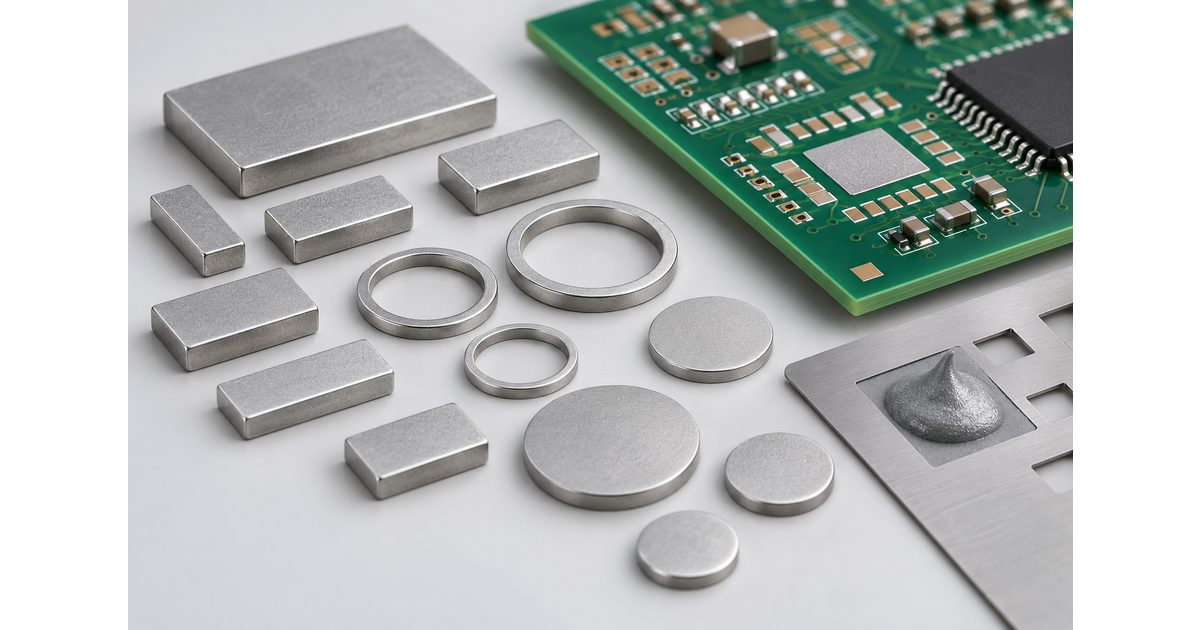 Conceptual rectangular, ring, and disc solder preforms beside a green PCB and gray solder paste
