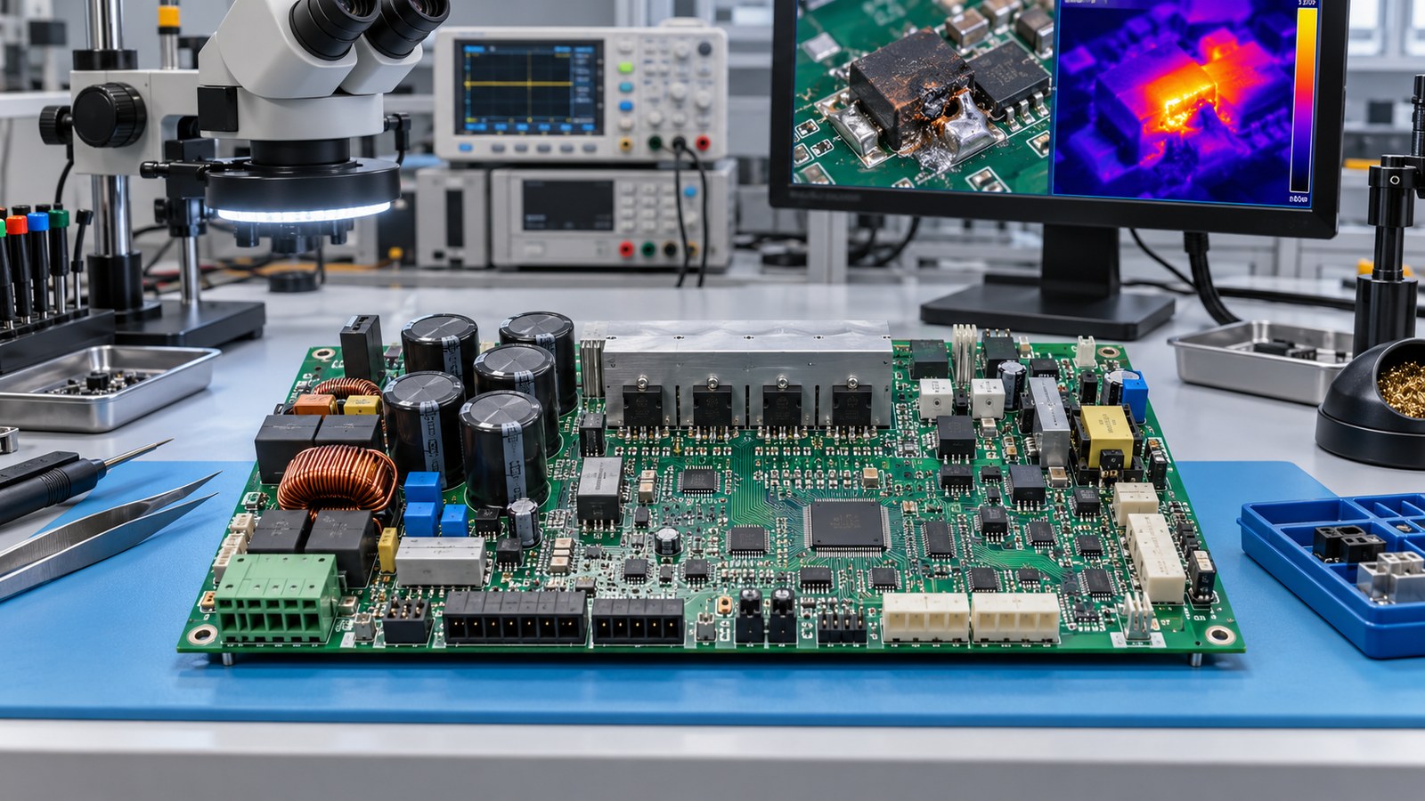 Strapping machine controller PCB on an empty electronics inspection bench with microscope, test instruments, and thermal analysis display
