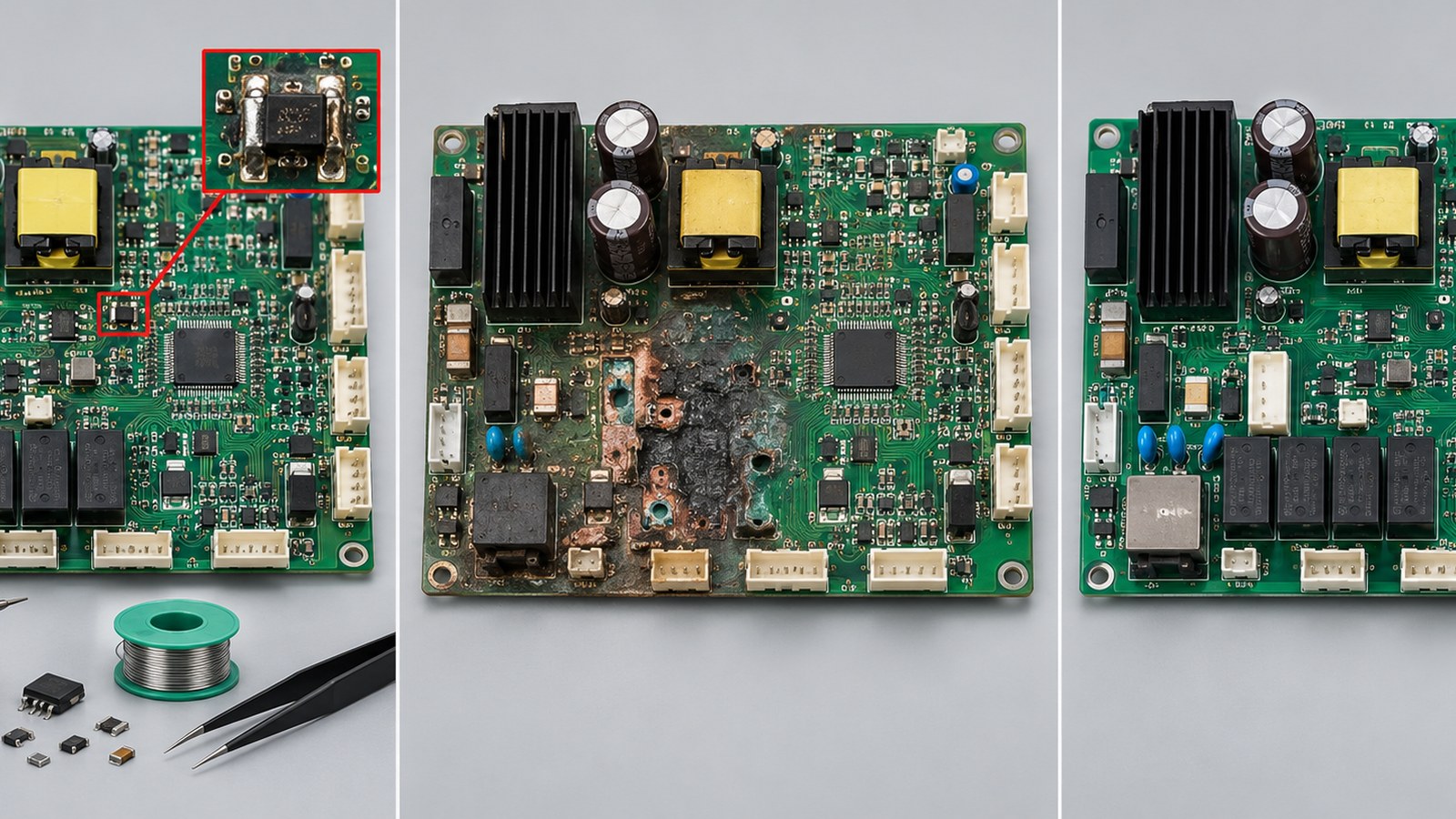 Three-part comparison of a localized strapping machine PCB defect, severe laminate and copper damage, and a clean replacement controller board