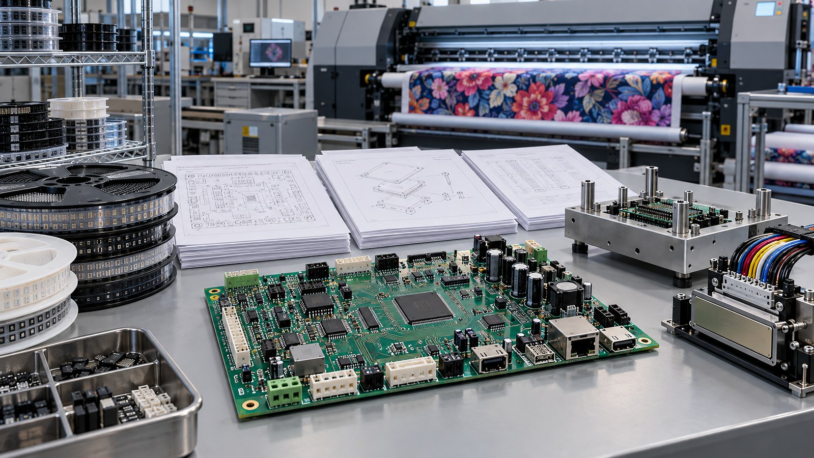 Digital textile printer controller PCB with component reels, manufacturing files, test fixture, printhead interface, and roll-to-roll printer in an empty electronics lab