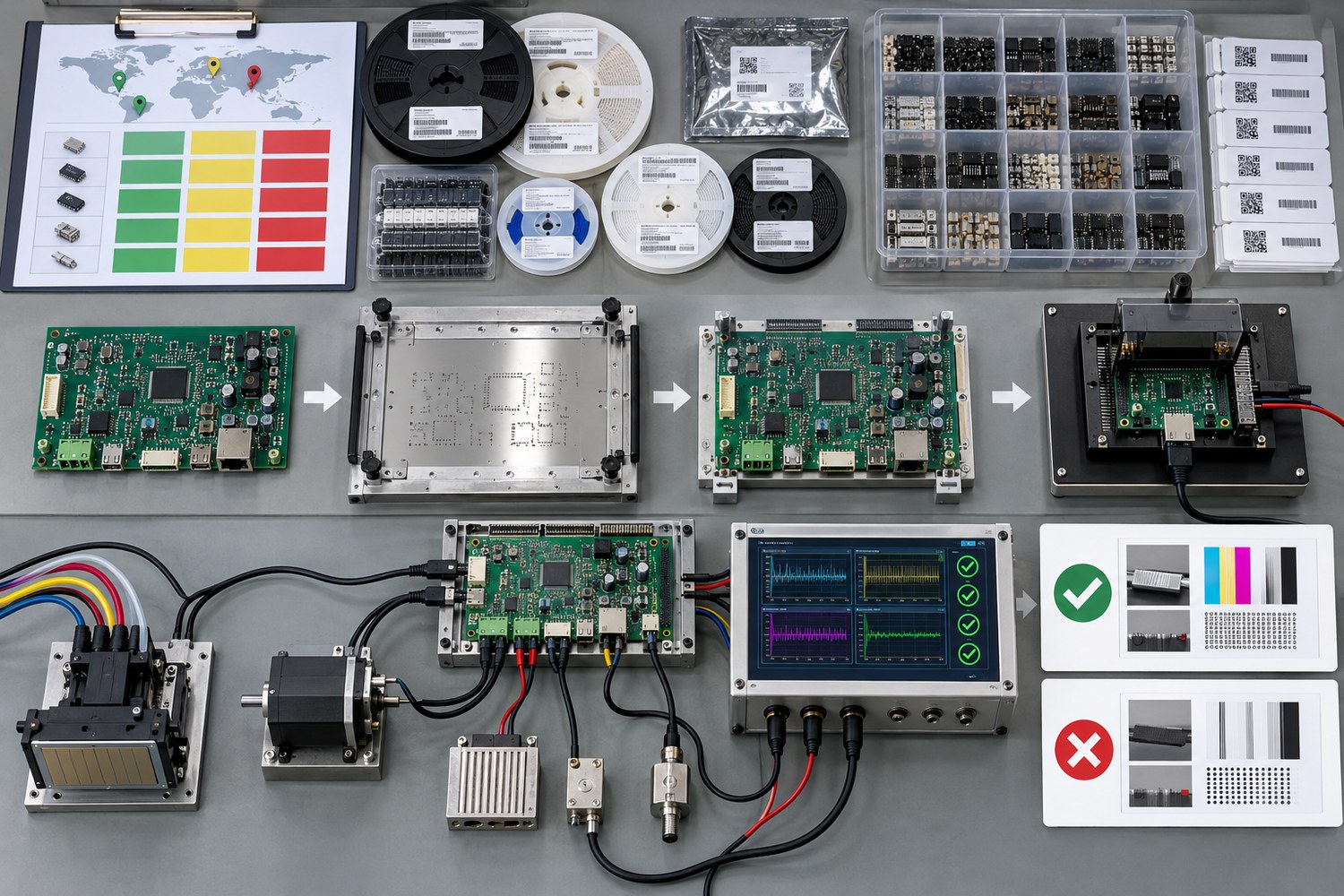 Digital textile printer controller PCB with component traceability, BOM risk matrix, stencil, programming fixture, simulated printer loads, and functional test evidence