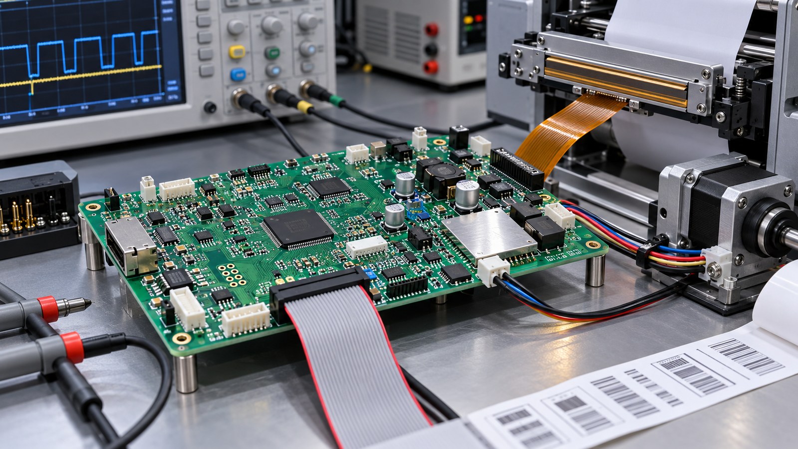 Thermal transfer printer controller PCB connected to printhead, motor, and test equipment on an empty electronics bench