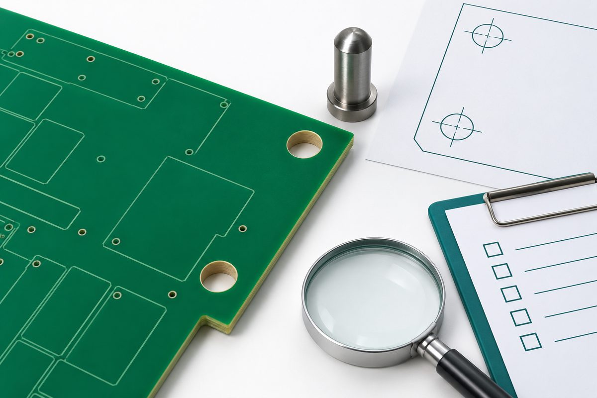 Conceptual tooling-hole release review with a PCB, locating pin, mechanical drawing, checklist, and magnifier
