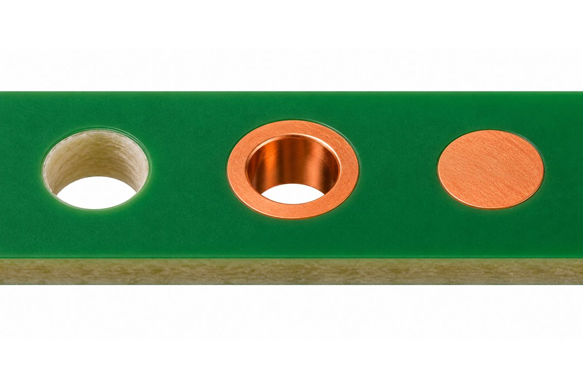 Conceptual comparison of a nonplated tooling hole, a plated through-hole, and a solid copper fiducial target
