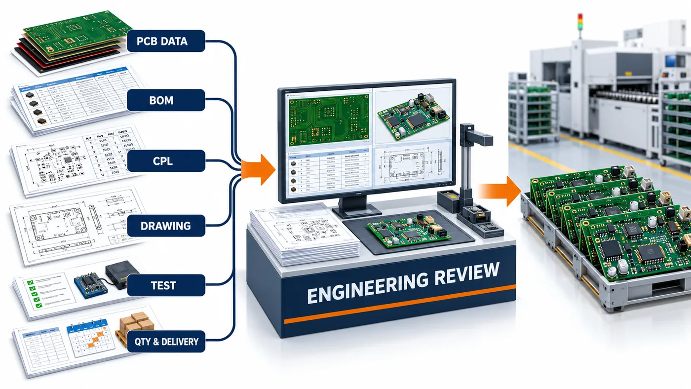 Complete turnkey PCBA RFQ package containing PCB data, BOM, CPL, assembly drawing, test requirements, quantity, and delivery information