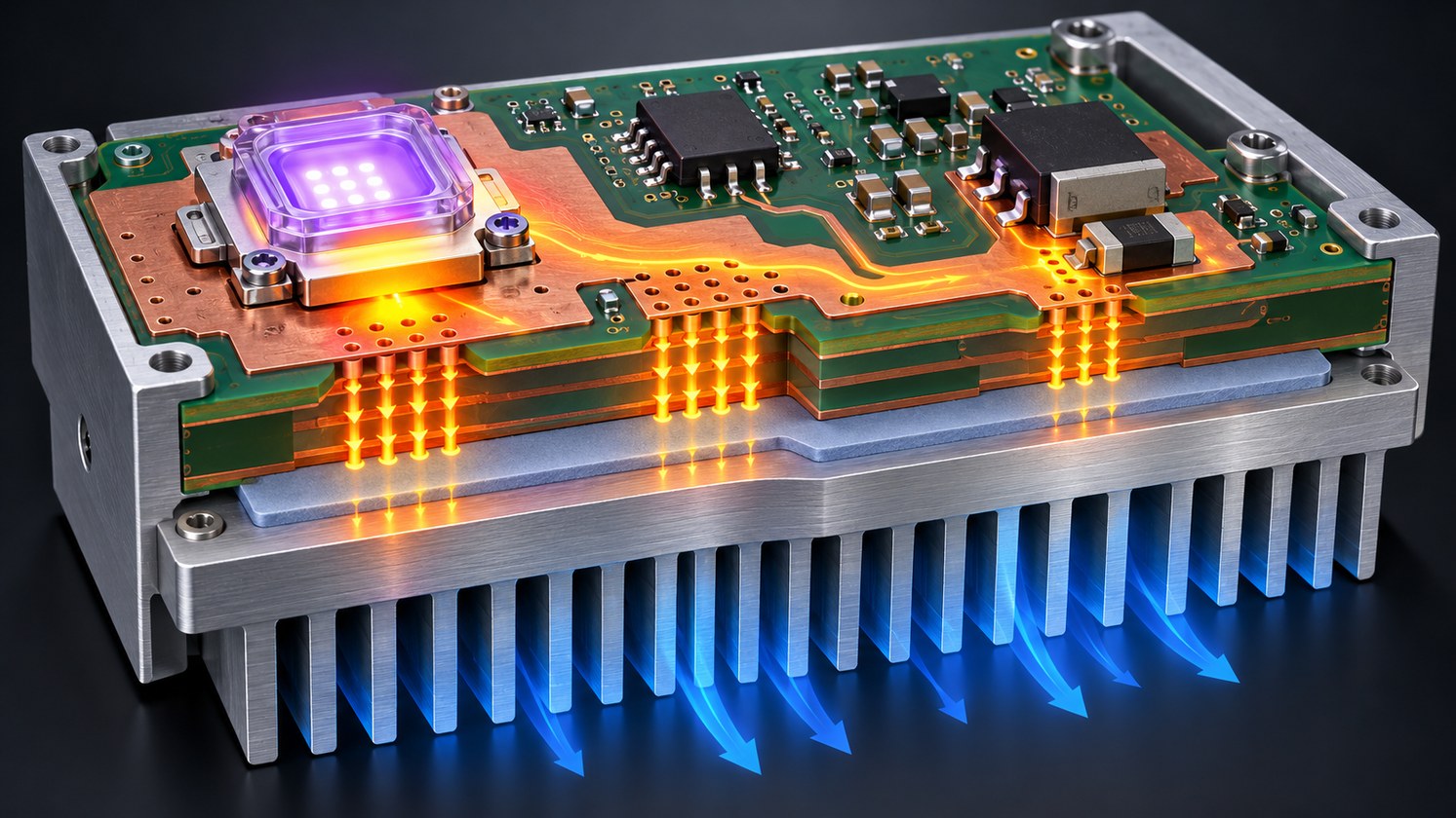 UV curing controller PCB thermal path through copper planes, thermal vias, heat spreader, and heatsink