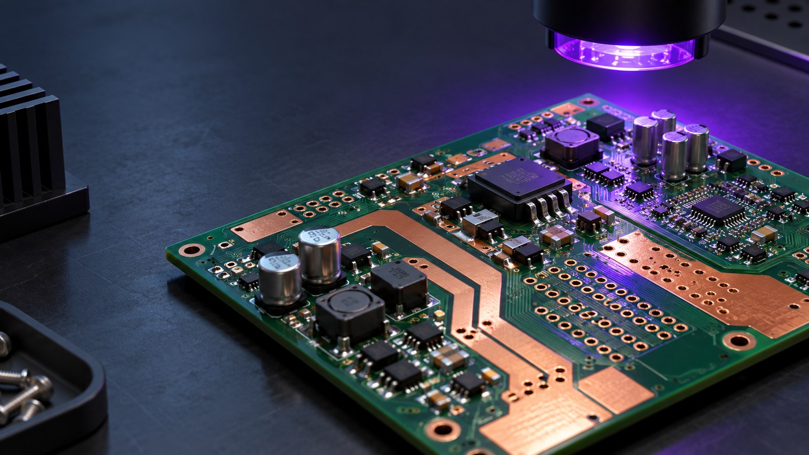 UV curing controller PCB with wide copper power paths, plated vias, driver electronics, and violet light