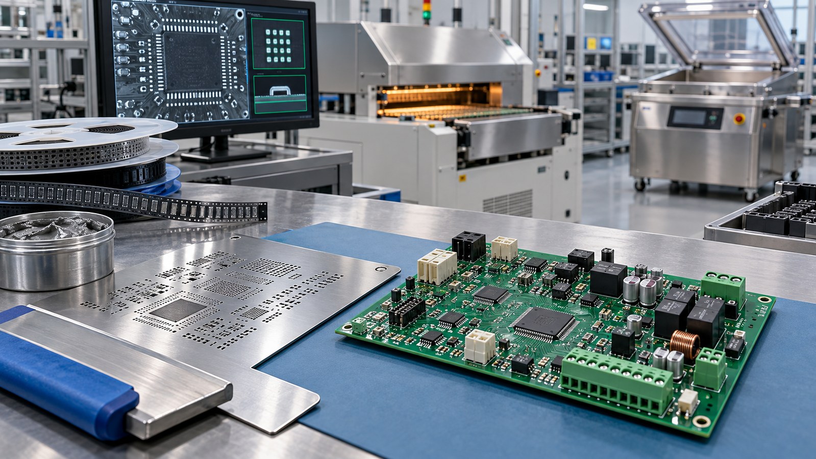 Vacuum packer controller PCBA with fine-pitch components, through-hole connectors, solder paste stencil, inspection monitor, and reflow equipment in an empty factory
