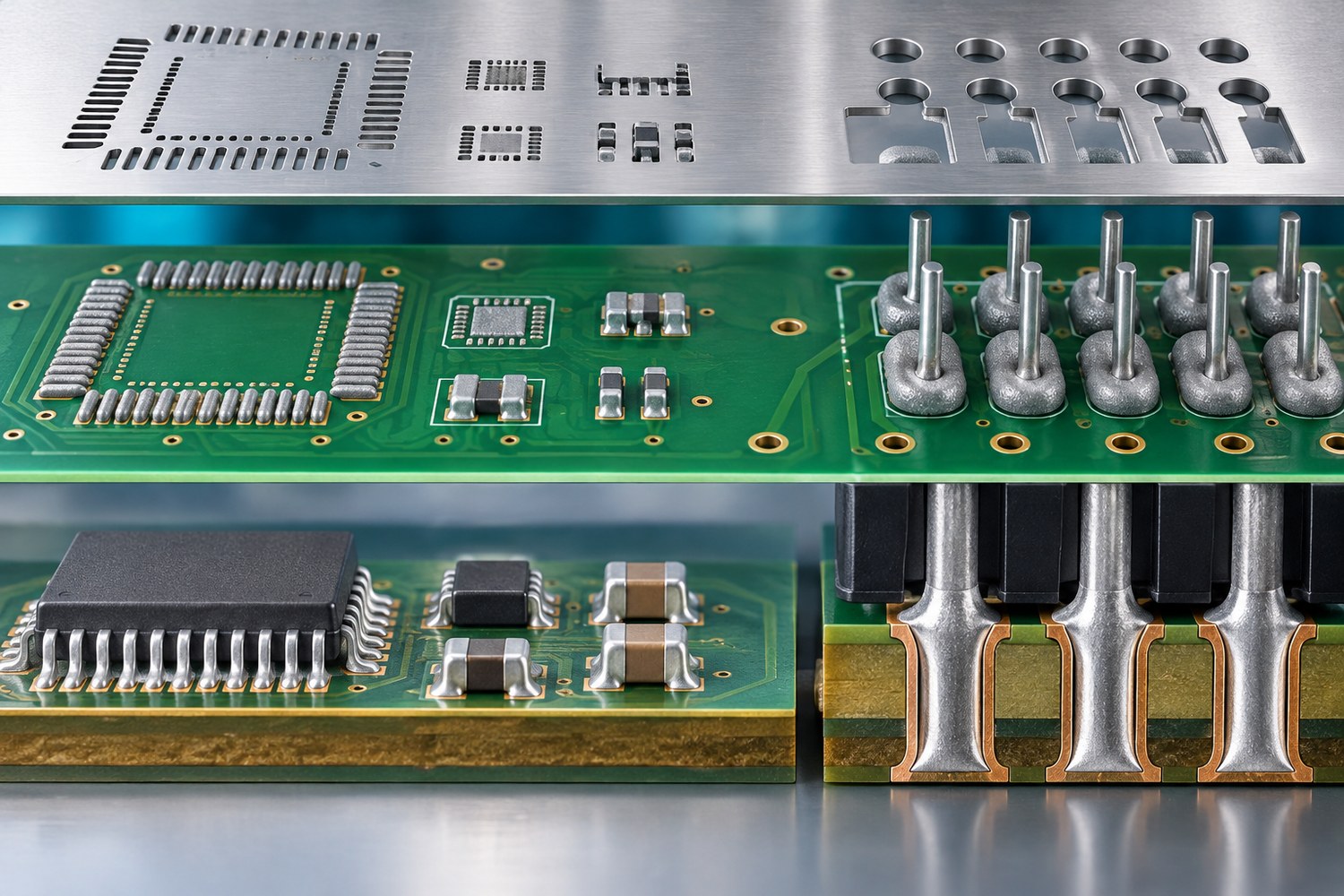 Step stencil and vacuum packer PCB showing fine-pitch SMT paste deposits beside larger pin-in-paste deposits and reflowed through-hole joints
