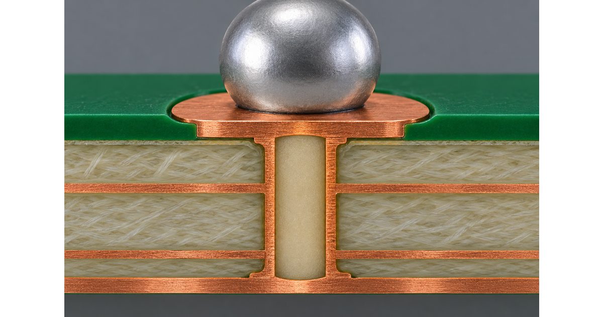 Conceptual cutaway of a resin-filled copper-capped via below a component solder land