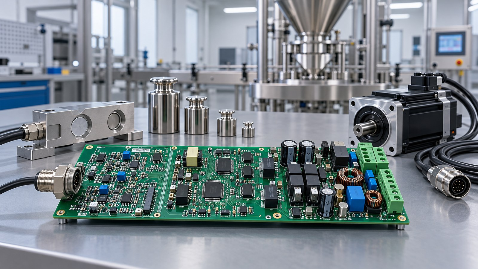 Weighing filler controller PCB with a precision load-cell section, servo power section, load cell, motor, and calibration weights in an empty industrial lab