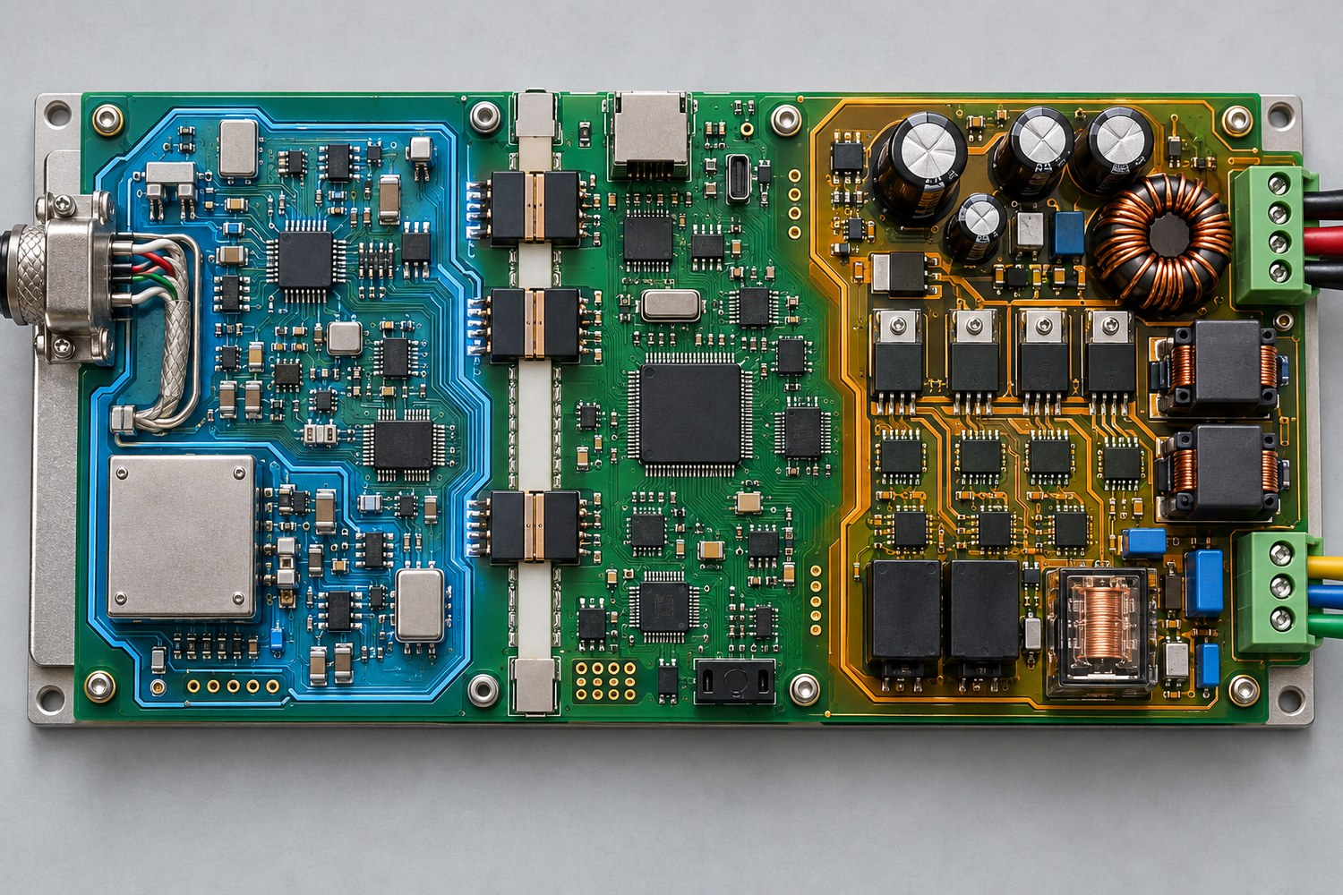 Top-down weighing filler controller PCB with a shielded low-noise load-cell zone, isolated digital control, and a separated servo-power zone
