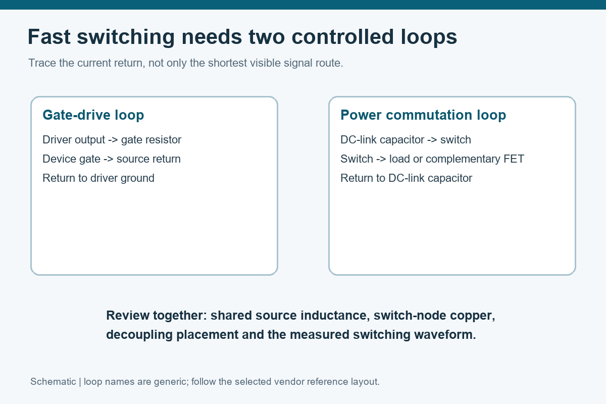 Schematic separating the gate-drive return loop from the power commutation loop on a wide-bandgap PCB